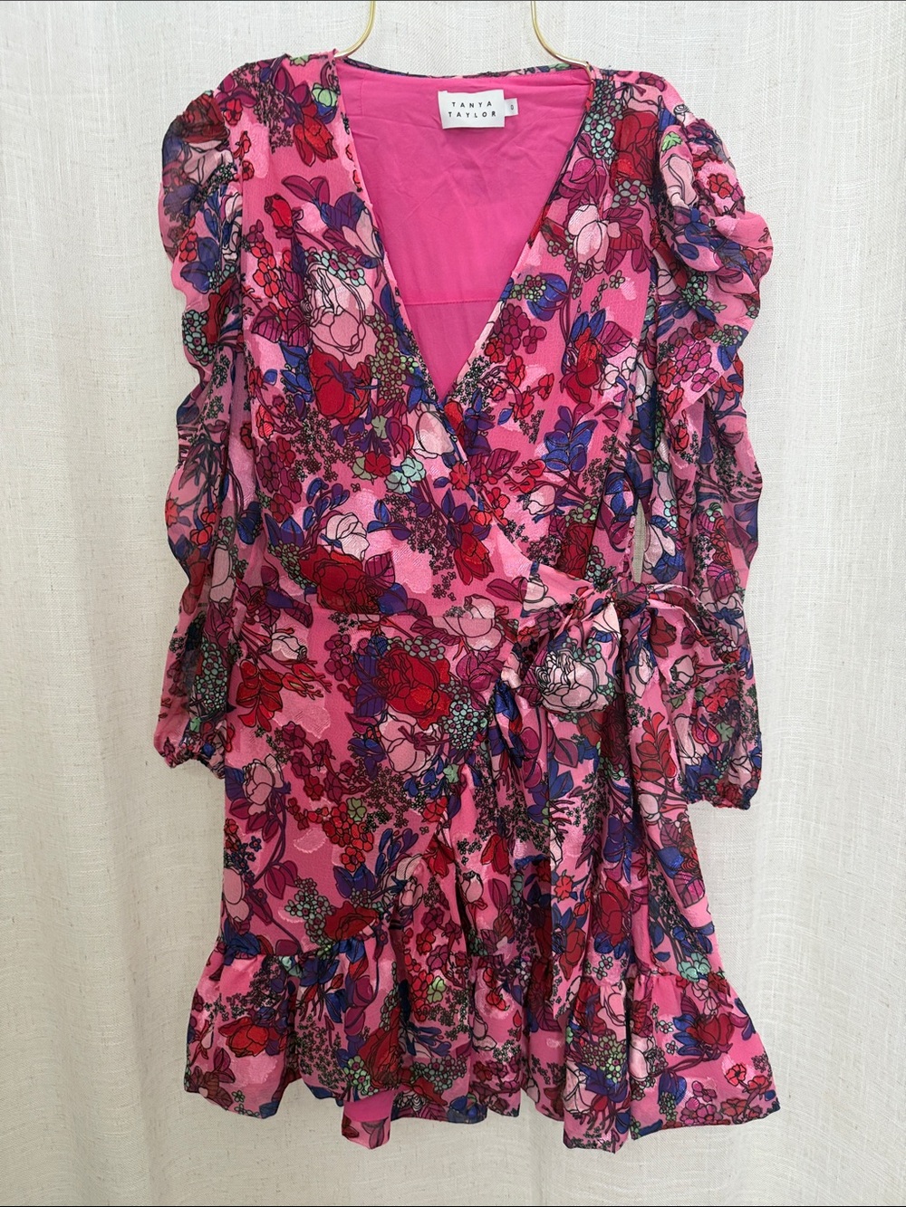 Tanya Taylor Hot Pink Multicolor Floral Wrap Mini Dress Size 0